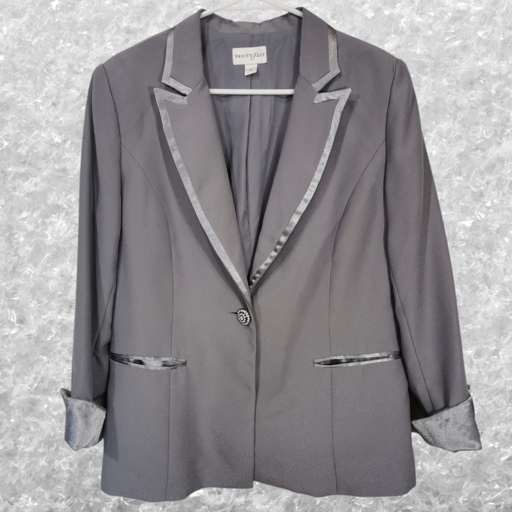 NWOT Vanity Fair Single Button Blazer in Grey w/Satin Trim Sz 12 Open To Offers